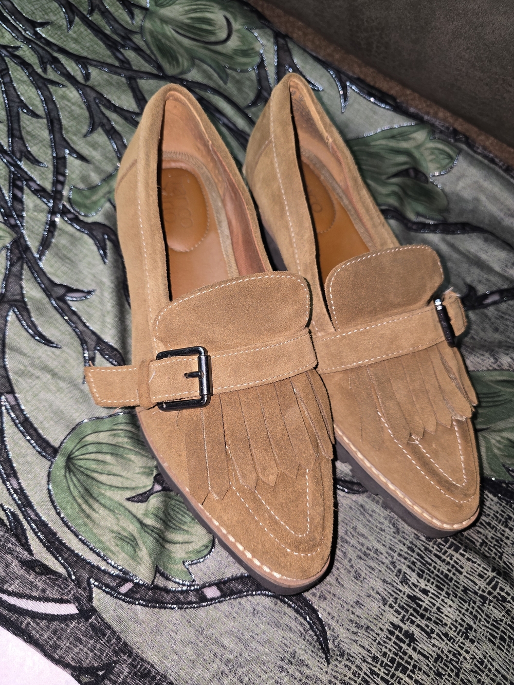Franco Sarto Cognac Suede Kiltie Loafers with Buckle - Picture 2 of 4